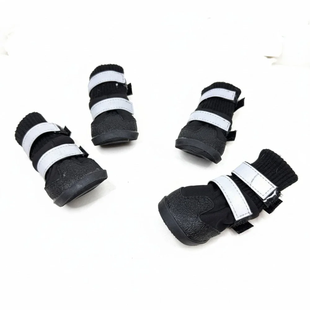 Small Black Dog Boots Paw Protectors with Reflective Straps & Anti-Slip Soles